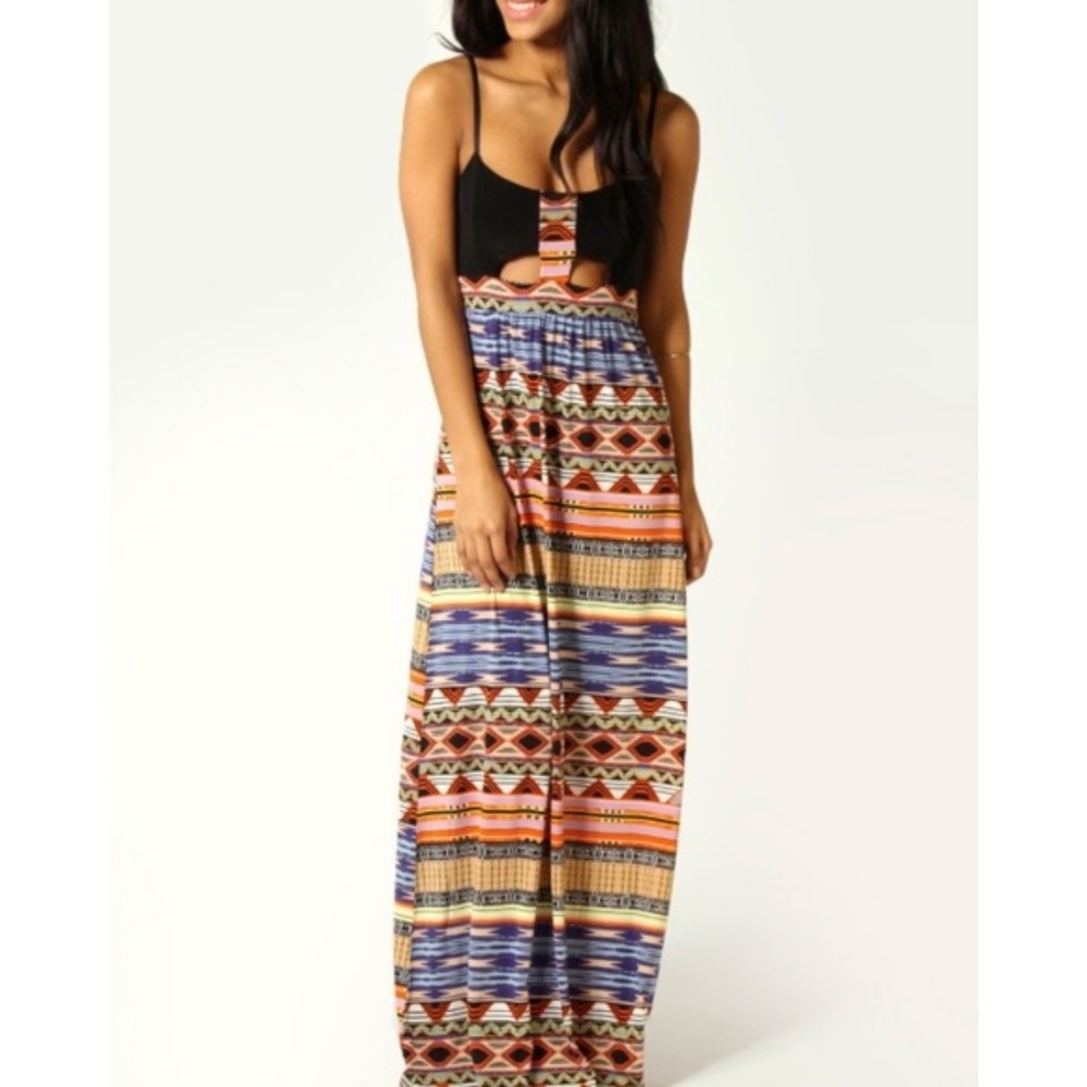 Boohoo Aztec Print Stretchy Cutout Maxi Dress